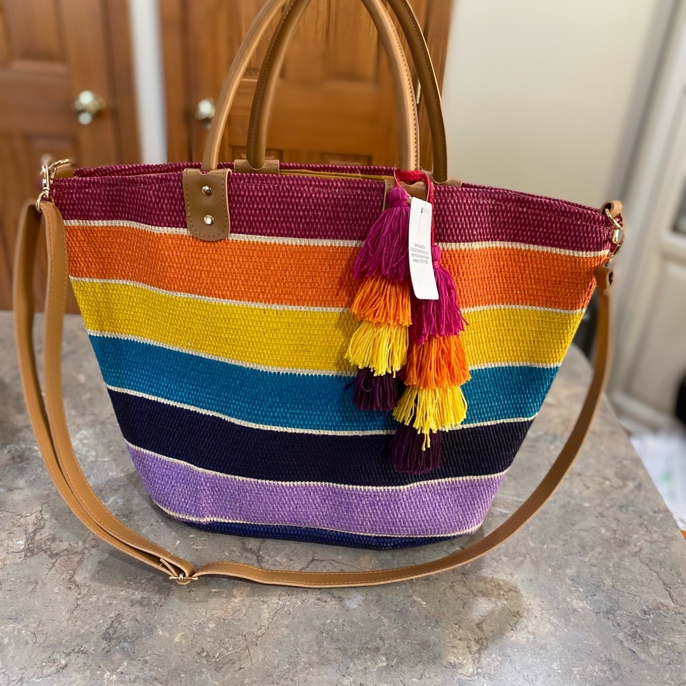Striped Beach Tote Non-Leather Straw